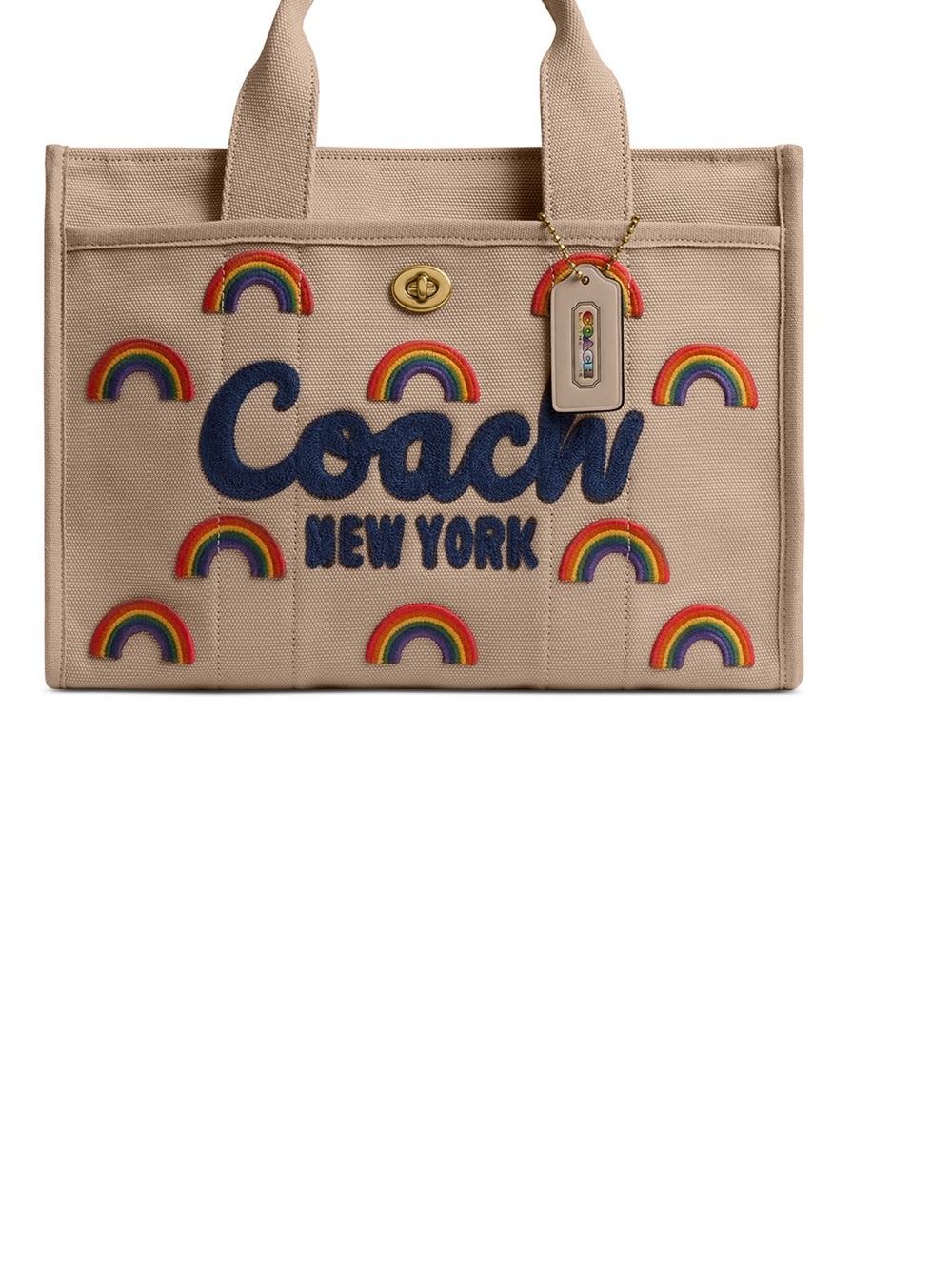 Coach Rainbow Embroidered Canvas Tote in Beige and Navy